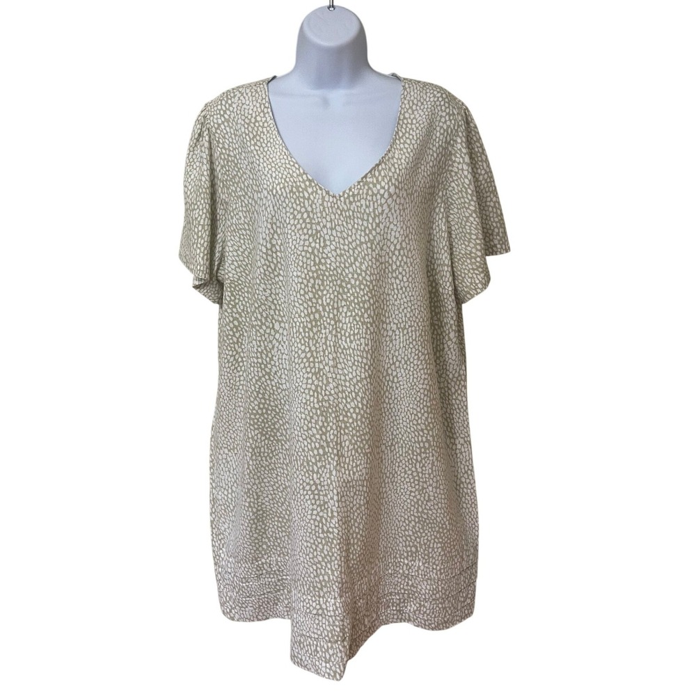 Nicole Miller‎ Original Linen Blend Pebble Print V-Neck Shift Dress Beige XXL